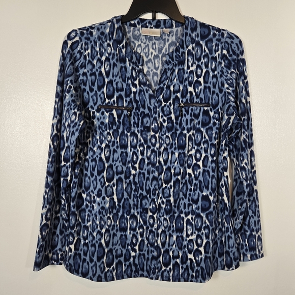Belle Kim Gravel Blue Stretch Long Sleeve Animal Print Top Size Medium - Picture 2 of 11